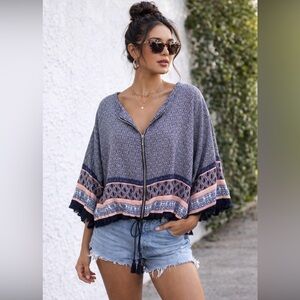 Christopher & Banks Navy and Light Blue Pattern Crop Jacket or Blouse